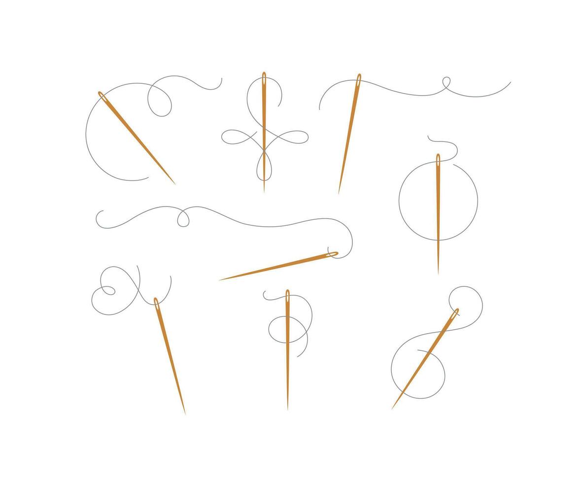 Needles and curly threads in different positions drawing on white background vector
