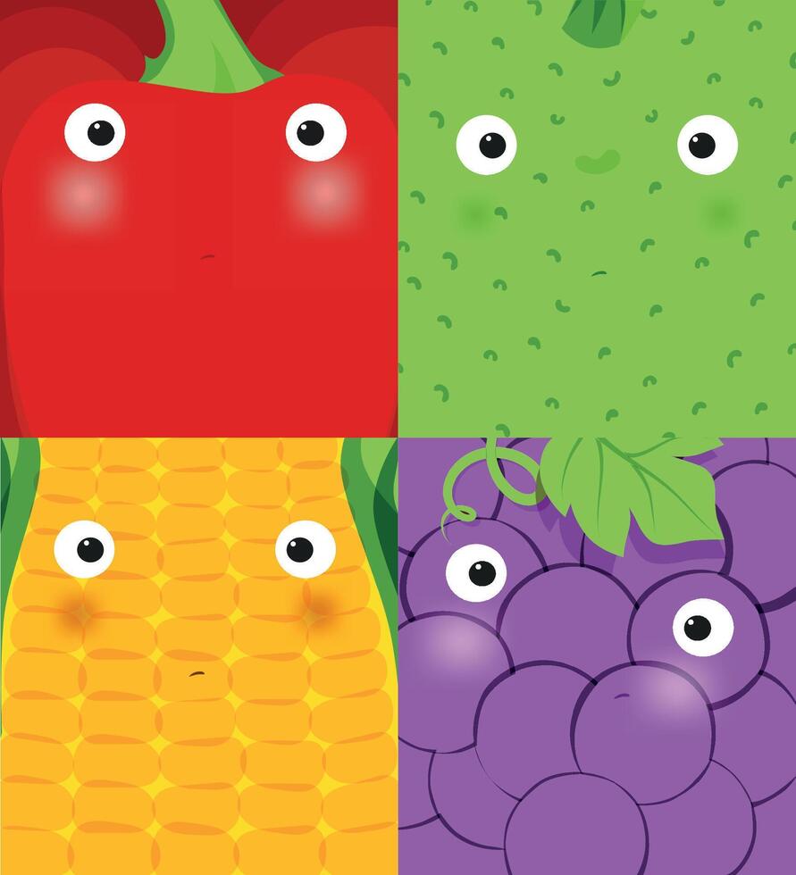 Set of fruits and vegetables muzzles pepper, cucumber, corn, grape drawing in cute cartoon style vector
