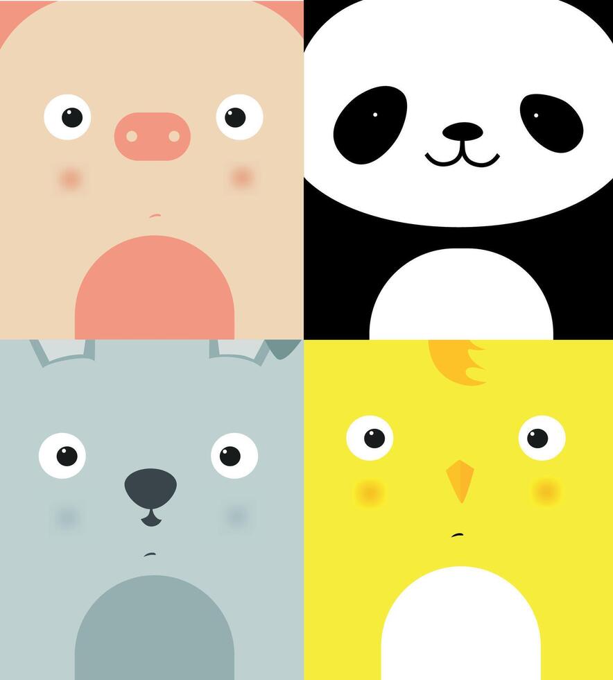 Set of animal muzzles pig, panda, rabbit, chick drawing in cute cartoon style vector