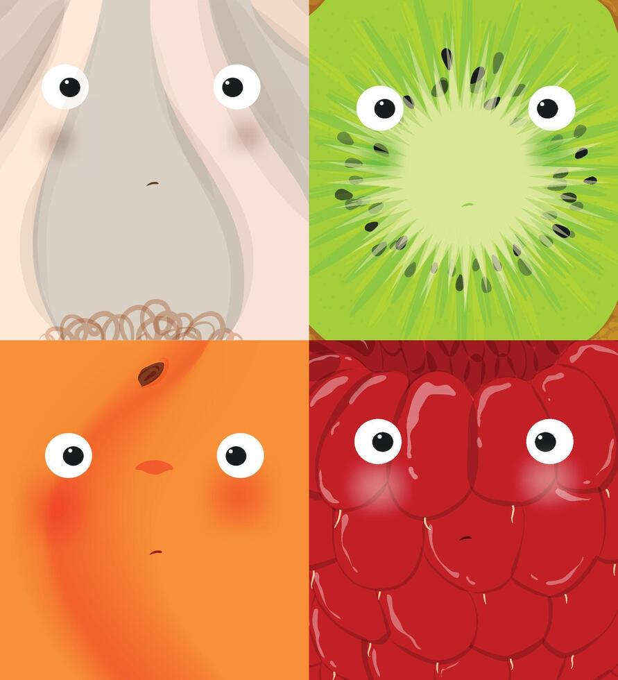 Set of fruits and vegetables muzzles garlic, kiwi, apricot, raspberry drawing in cute cartoon style vector