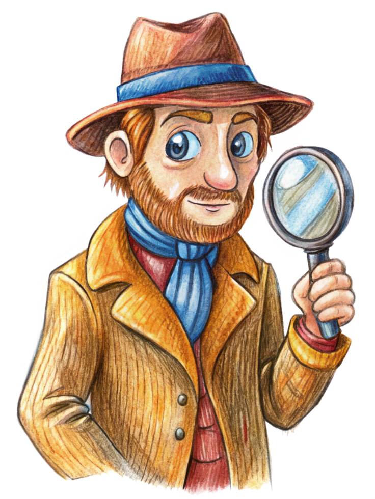Vintage Detective Examining with Magnifying Glass png