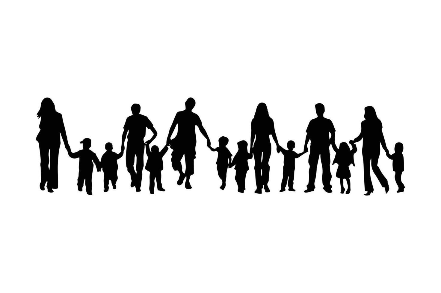 Set of Silhouettes of Parents with Children Holding Hands. vector
