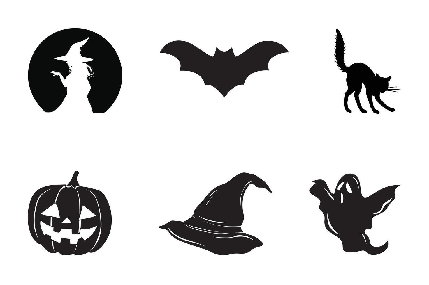 Halloween elements silhouette with pumpkin, black cat, hat, bats and ghost. vector