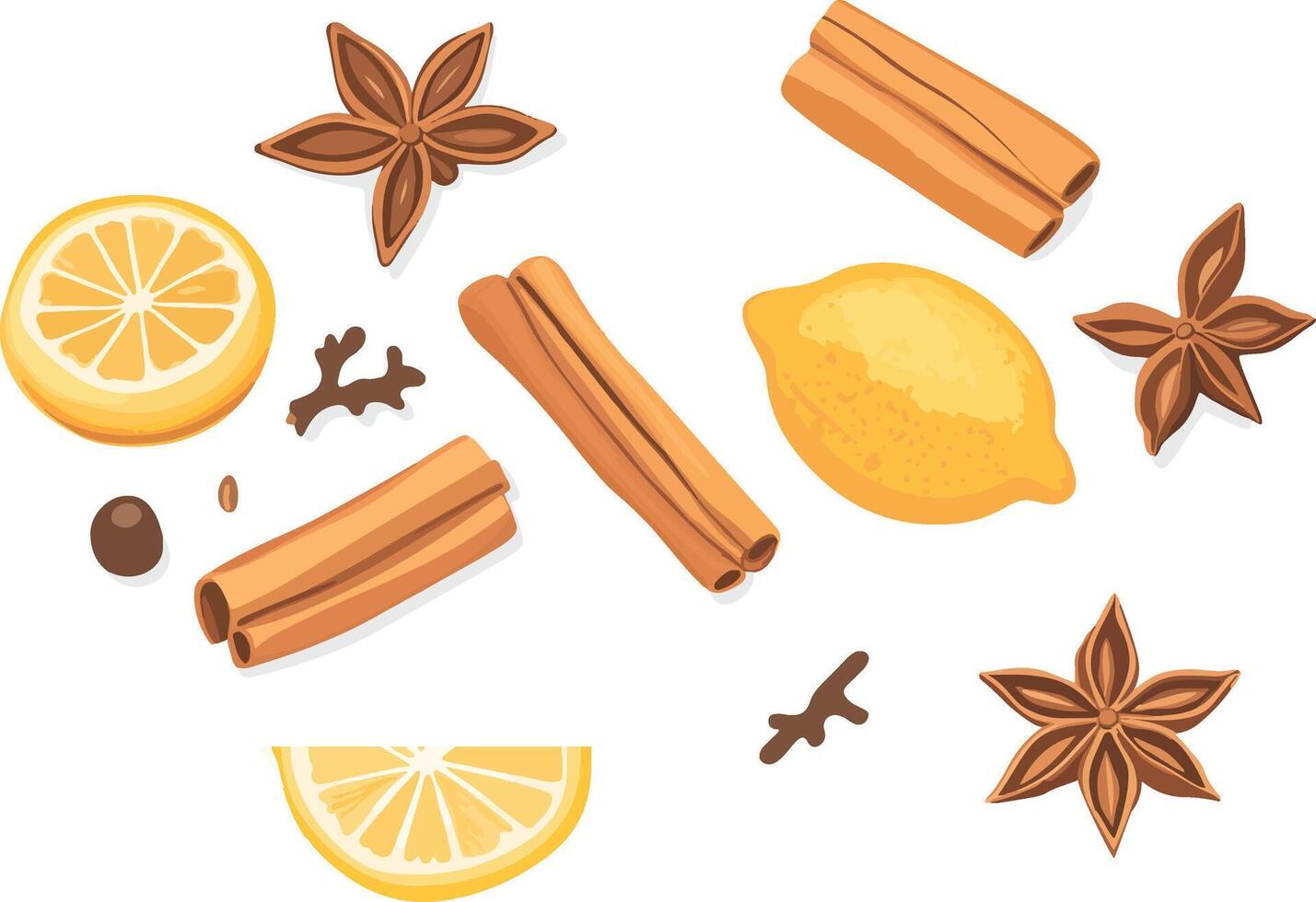 Lemon slices, star anise, and cinnamon sticks vector