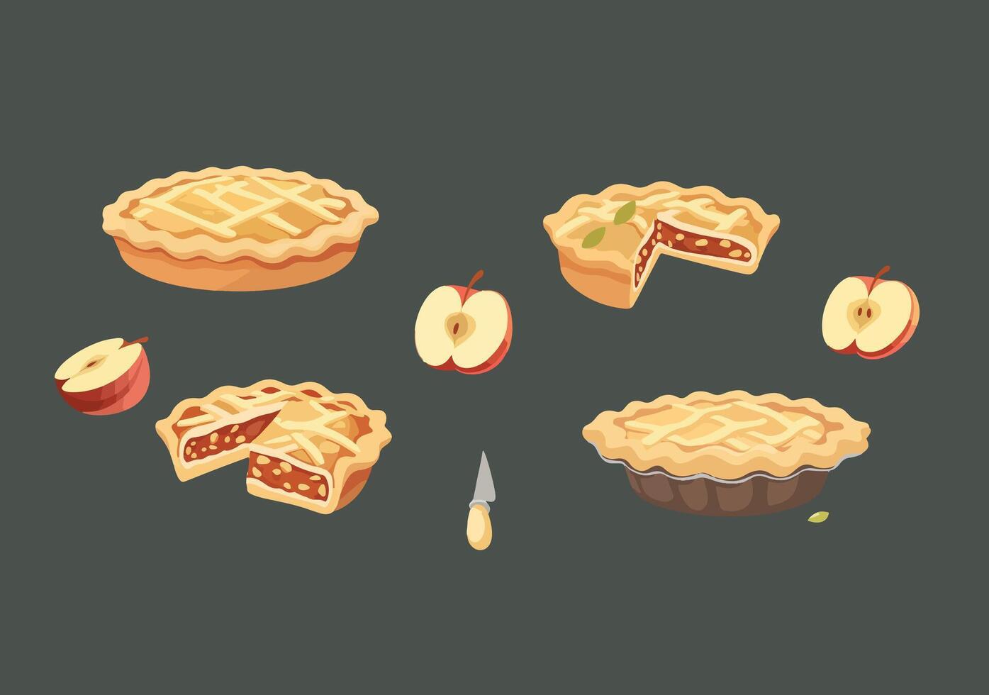 apple pies and sliced apples arranged on dark vector