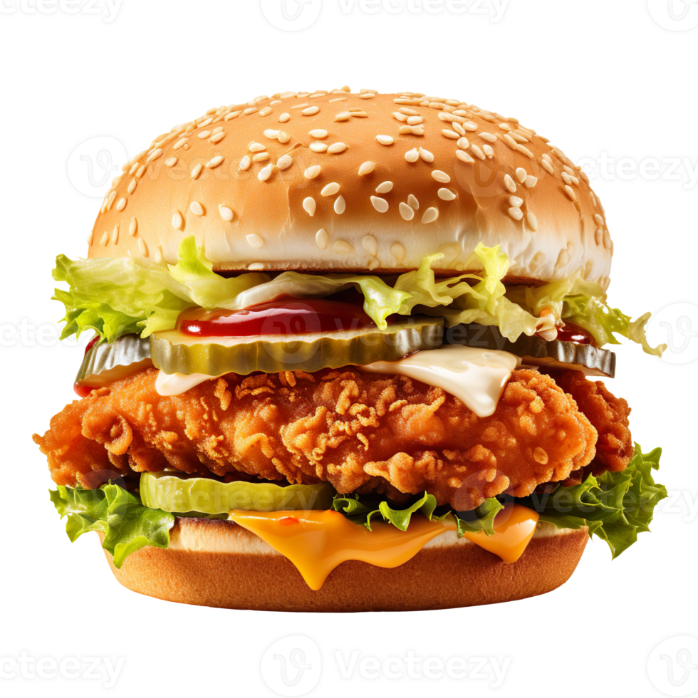 a delicious double chicken burger isolated on transparent background png