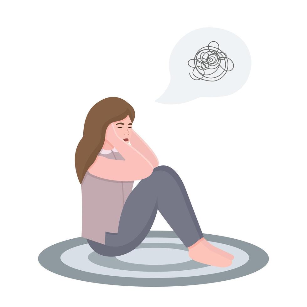 A girl in a psychologists office sits on the floor and holds her head with her hands. Mental health concept. Flat illustration. vector