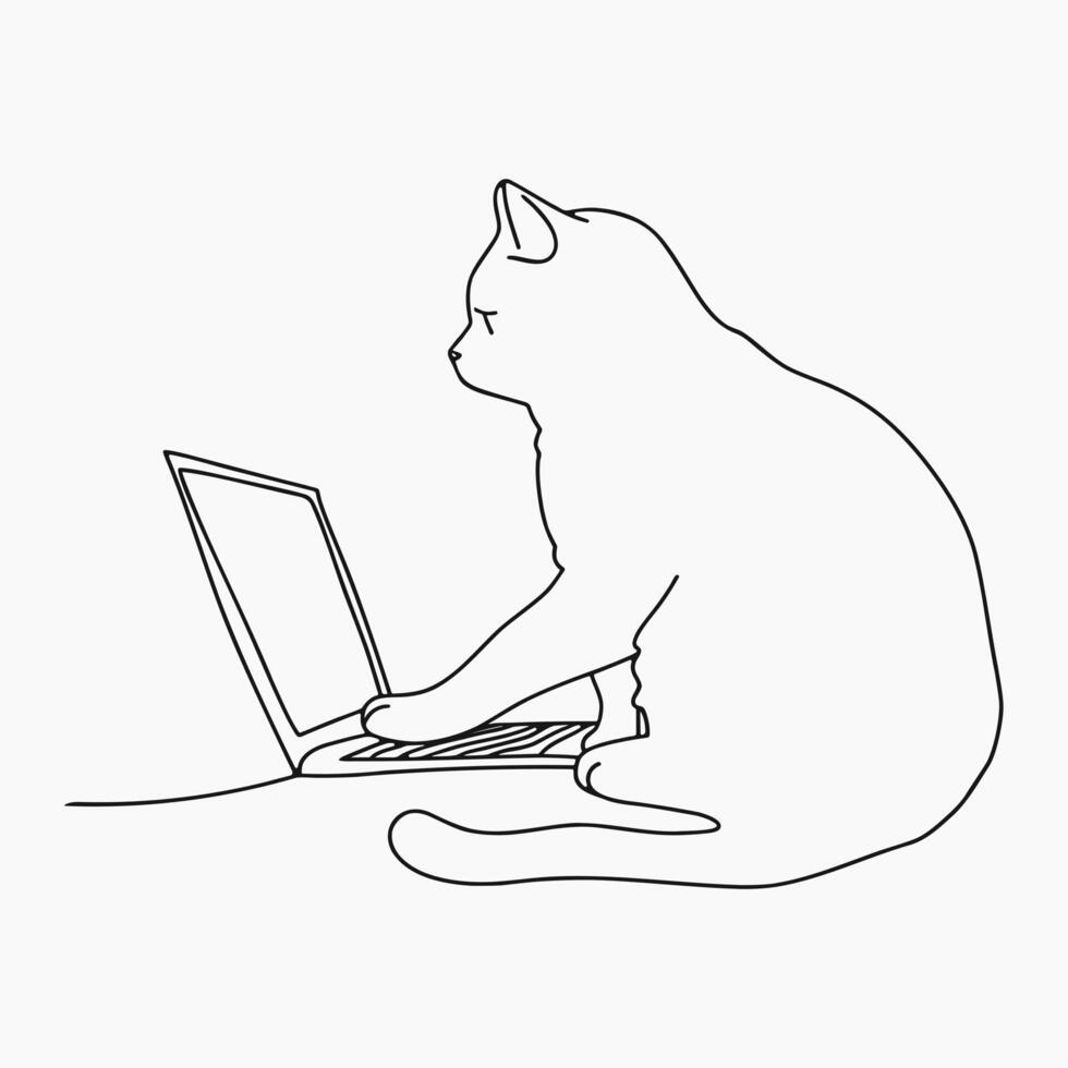 Cat using laptop. Abstract line art drawing. Minimal animal illustration vector