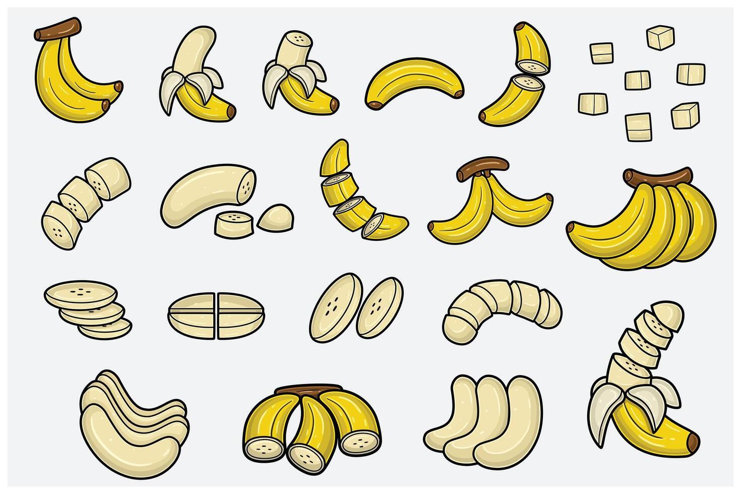 Banana fruits cartoon set with slice, half, cutting and different pose. Design elements for backdrop, pattern, wallpaper, label, flavor, strain and packaging. vector
