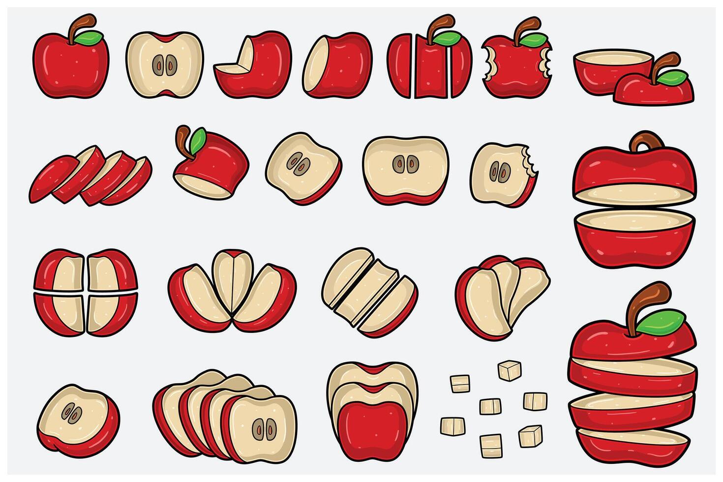 Apple fruits cartoon set with slice, half, cutting and different pose. Design elements for backdrop, pattern, wallpaper, label, flavor, strain and packaging. vector