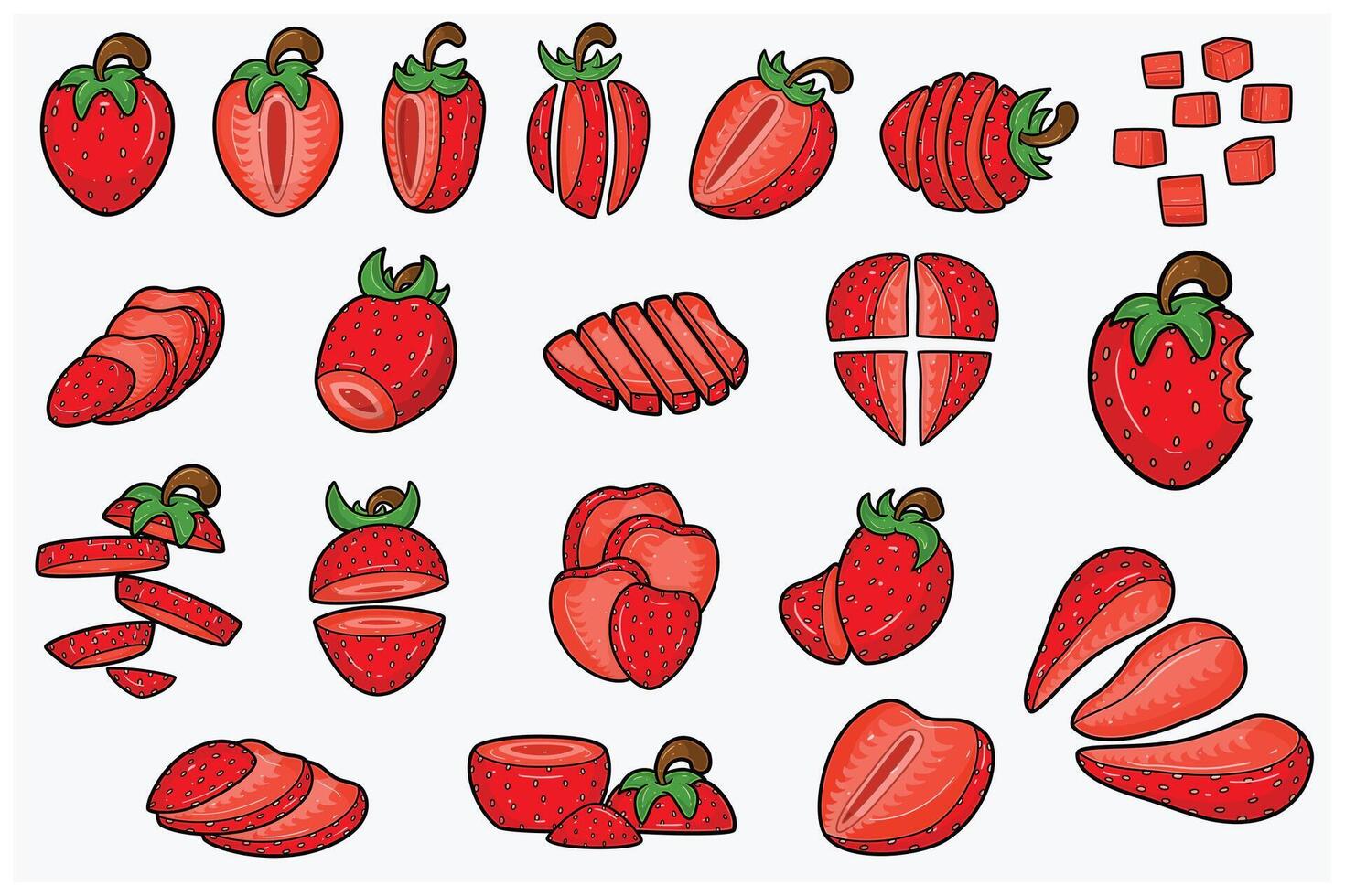 Strawberry fruits cartoon set with slice, half, cutting and different pose. Design elements for backdrop, pattern, wallpaper, label, flavor, strain and packaging. vector