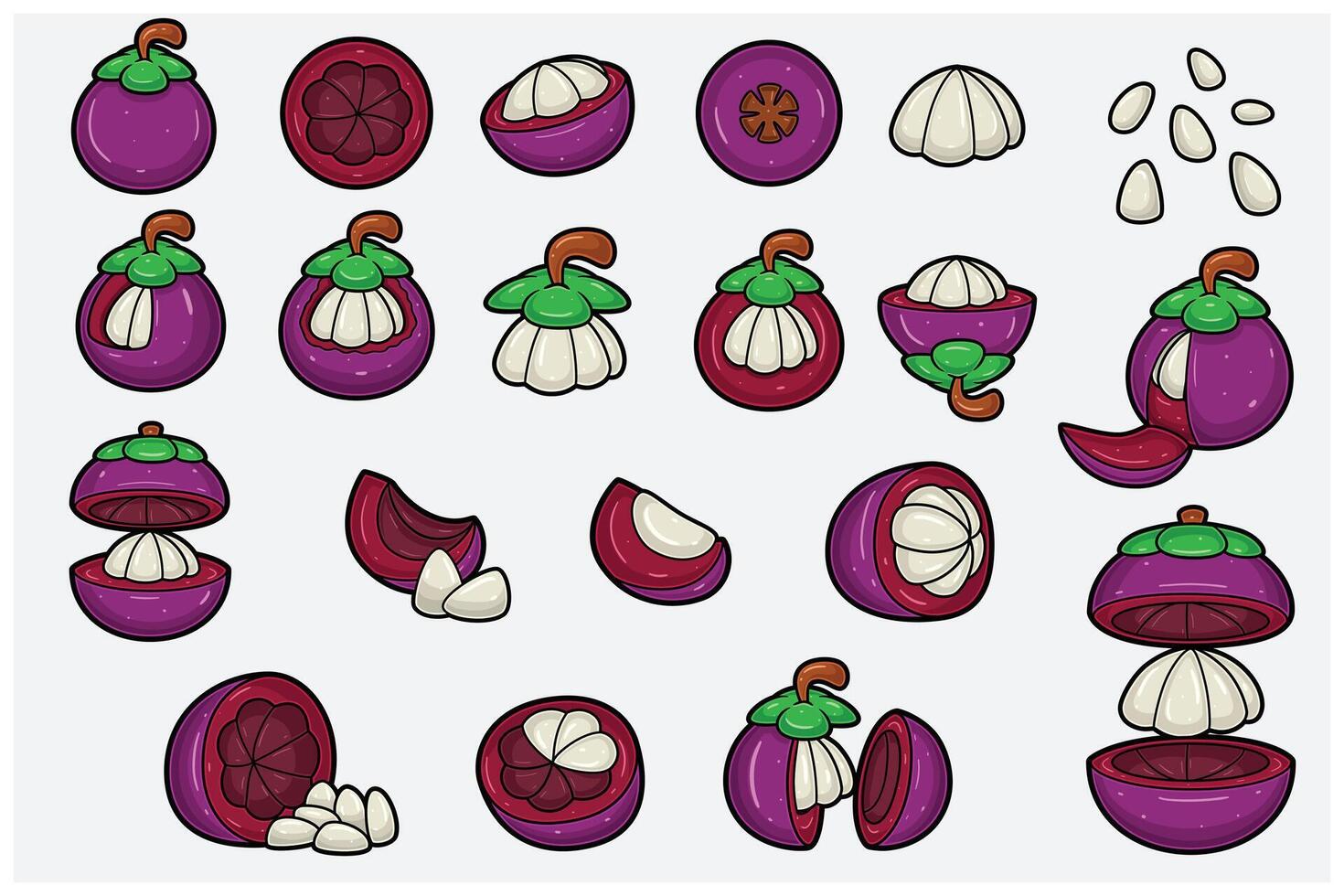 Mangosteen fruits cartoon set with slice, half, cutting and different pose. Design elements for backdrop, pattern, wallpaper, label, flavor, strain and packaging. vector