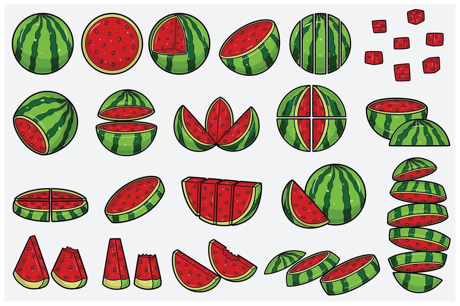 Watermelon fruits cartoon set with slice, half, cutting and different pose. Design elements for backdrop, pattern, wallpaper, label, flavor, strain and packaging. vector