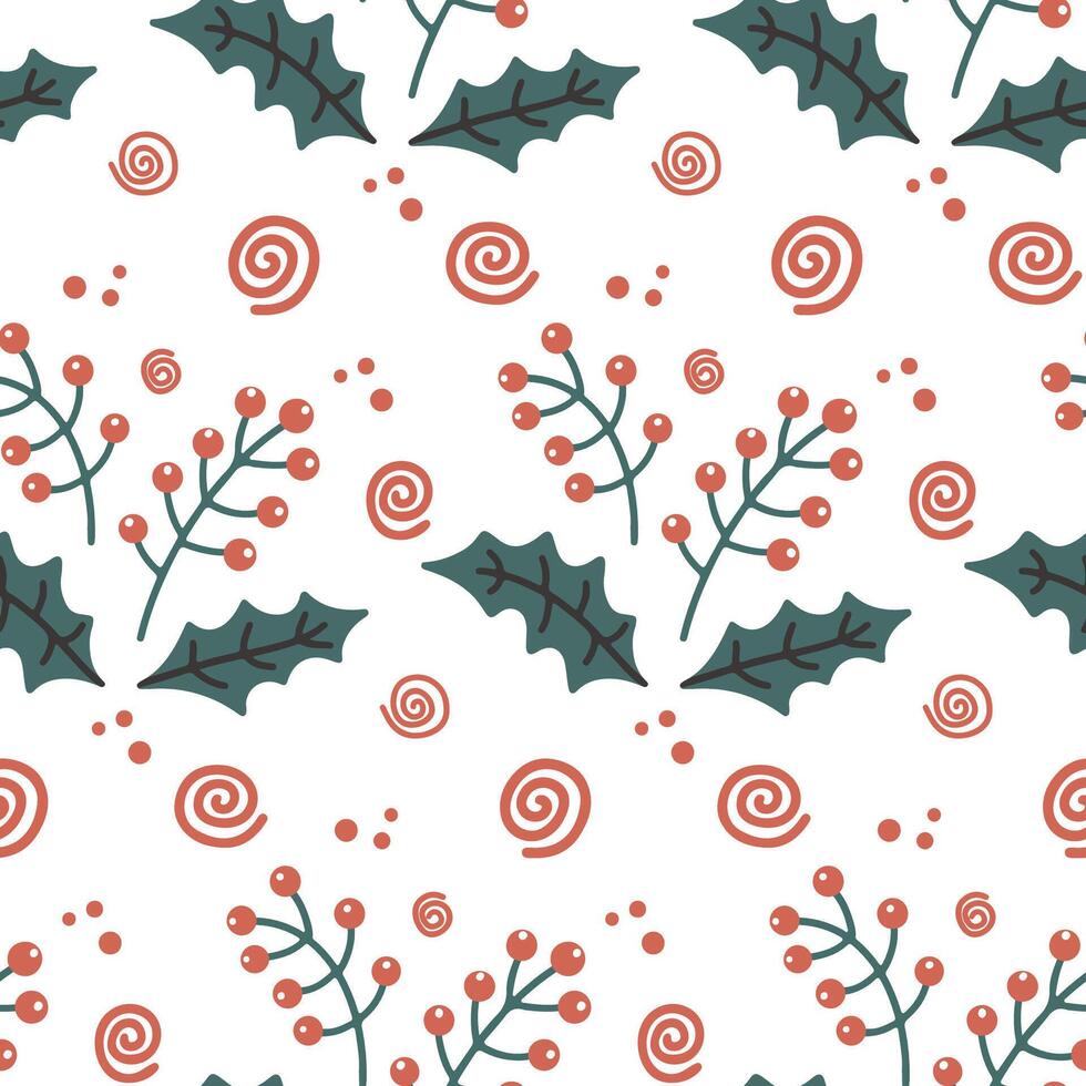 Christmas seamless pattern with rowan berry. Doodle background for wedding, invitations, textile, wrapping paper, greeting cards. Hand drawn holly leaves and berries. Scribble New Year decor vector