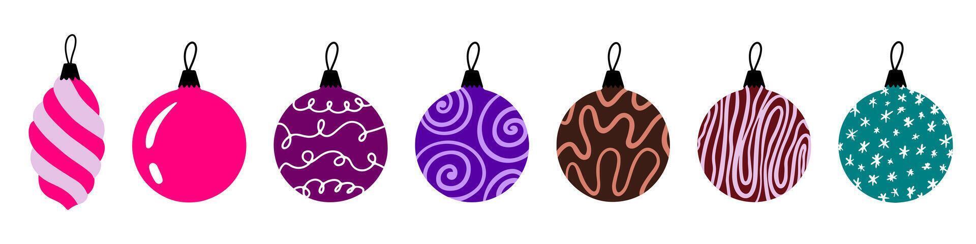 hand drawn Christmas baubles set. Decorative doodle Xmas balls elements isolated on white background. New Year icons for winter design, ornate and greeting cards. Christmas tree decoration vector