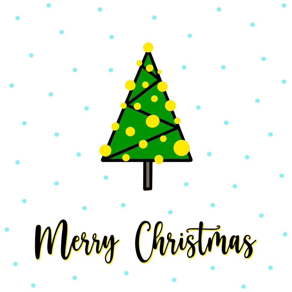 Geometric Christmas tree greeting card with Merry Christmas lettering. Hand drawn geometric Christmas tree with garland, snowfall on background. Modern thin line Christmas tree in geometric style vector