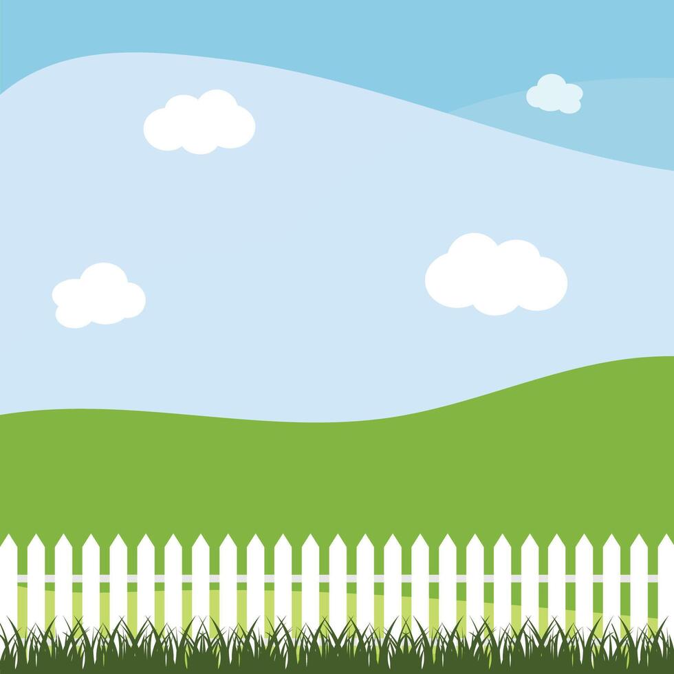 Summer landscape. Grass and a white fence against a blue sky with clouds. vector