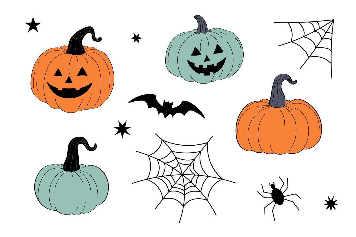 Cartoon set for Halloween with different pumpkins lantern, bat, spider web, stars. Hand drawn elements for celebrating autumn Saints holiday for design, card, flyer, poster, print, paper vector