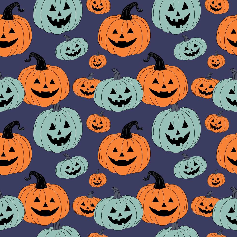 Cartoon repeating Halloween background with funny pumpkins lantern. Hand drawn Seamless pattern for autumn holiday, autumnal decorative ornament for banner, flyer, paper, print, wrapping, card vector
