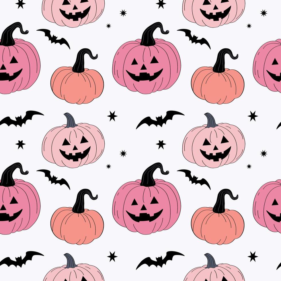 Cartoon repeating Halloween background with pink pumpkin lantern and bats. Hand drawn Seamless pattern for autumn holiday, autumnal decorative ornament for banner, flyer, paper, print, wrapping vector