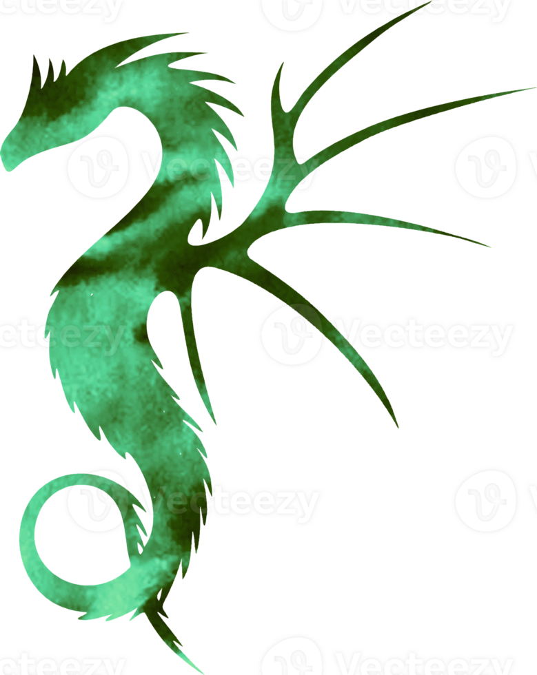 Green dragon, hand drawn watercolor dragon silhouette. png