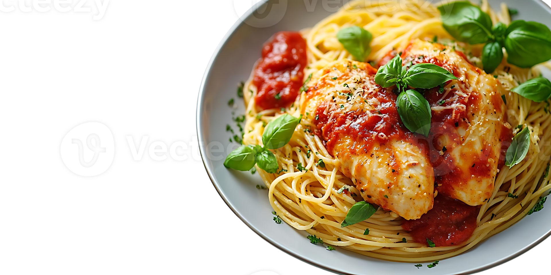 Chicken Parmesan with Spaghetti, Tomato Sauce, and Basil on a Transparent Background png