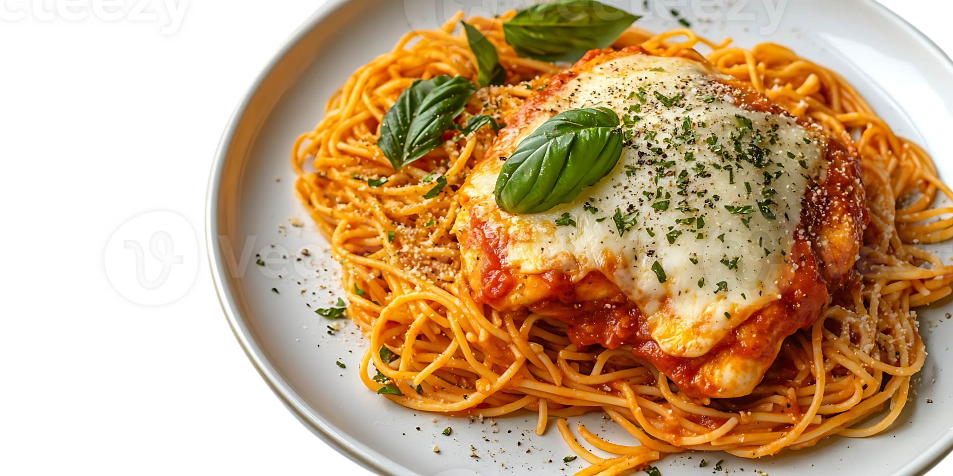Chicken Parmesan with Spaghetti, Melted Mozzarella, and a Splash of Parsley -  Transparent Background png
