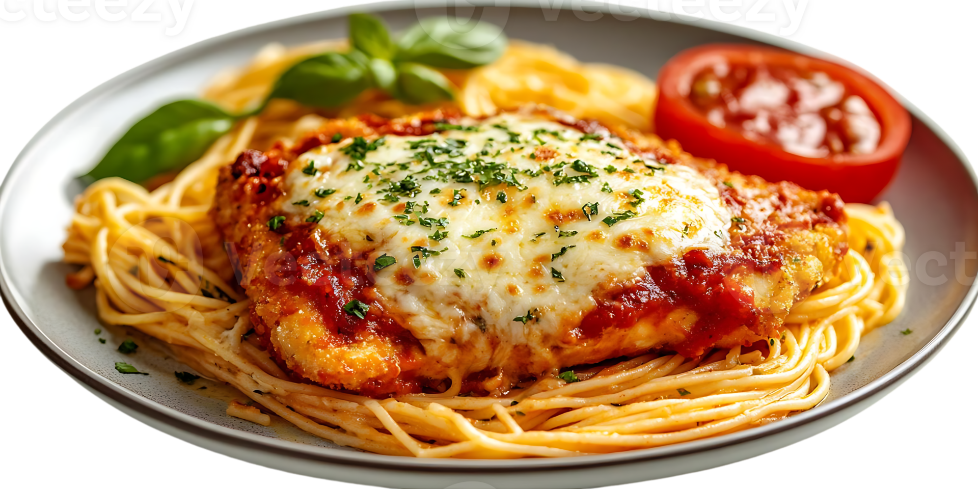 Chicken Parmesan with Spaghetti, Melted Mozzarella, and a Splash of Tomato Sauce on a Transparent Background png