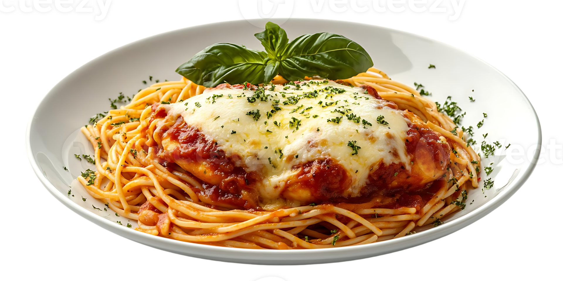 Chicken Parmesan with Spaghetti and Marinara Sauce, Topped with Melted Mozzarella Cheese and a Garnish of Fresh Basil Leaves, Transparent Background png