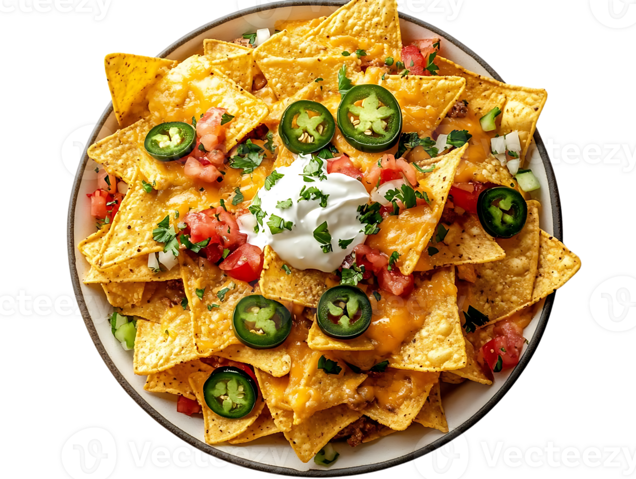 Delicious Nachos with Topped with Sour Cream, Jalapenos, Tomatoes and Cheese on Transparent Background png