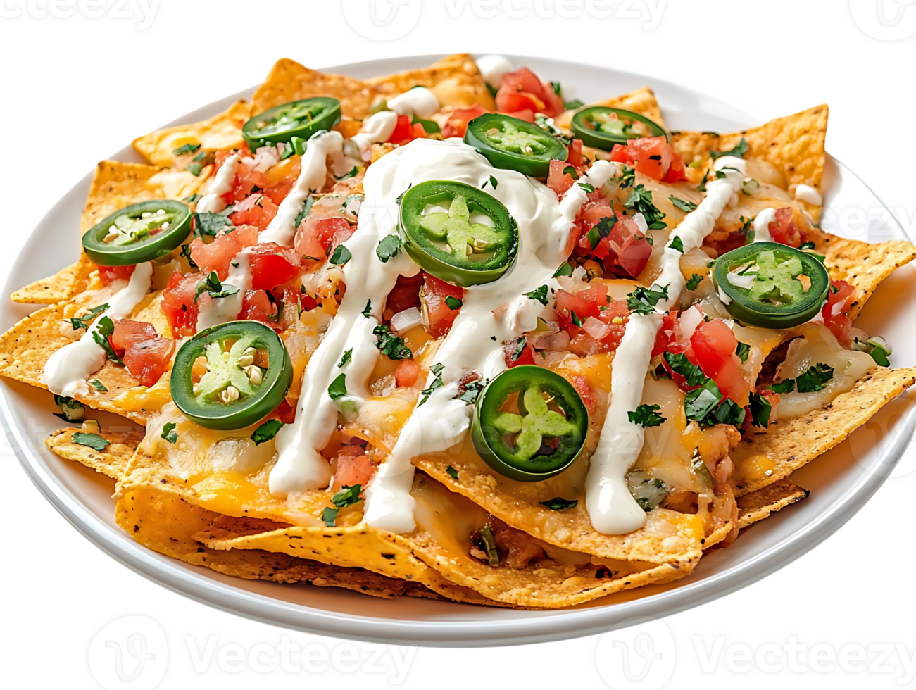 Delicious Crispy Nachos Topped with Creamy Sauce, Sliced Jalapenos, and Fresh Salsa on a Transparent Background png