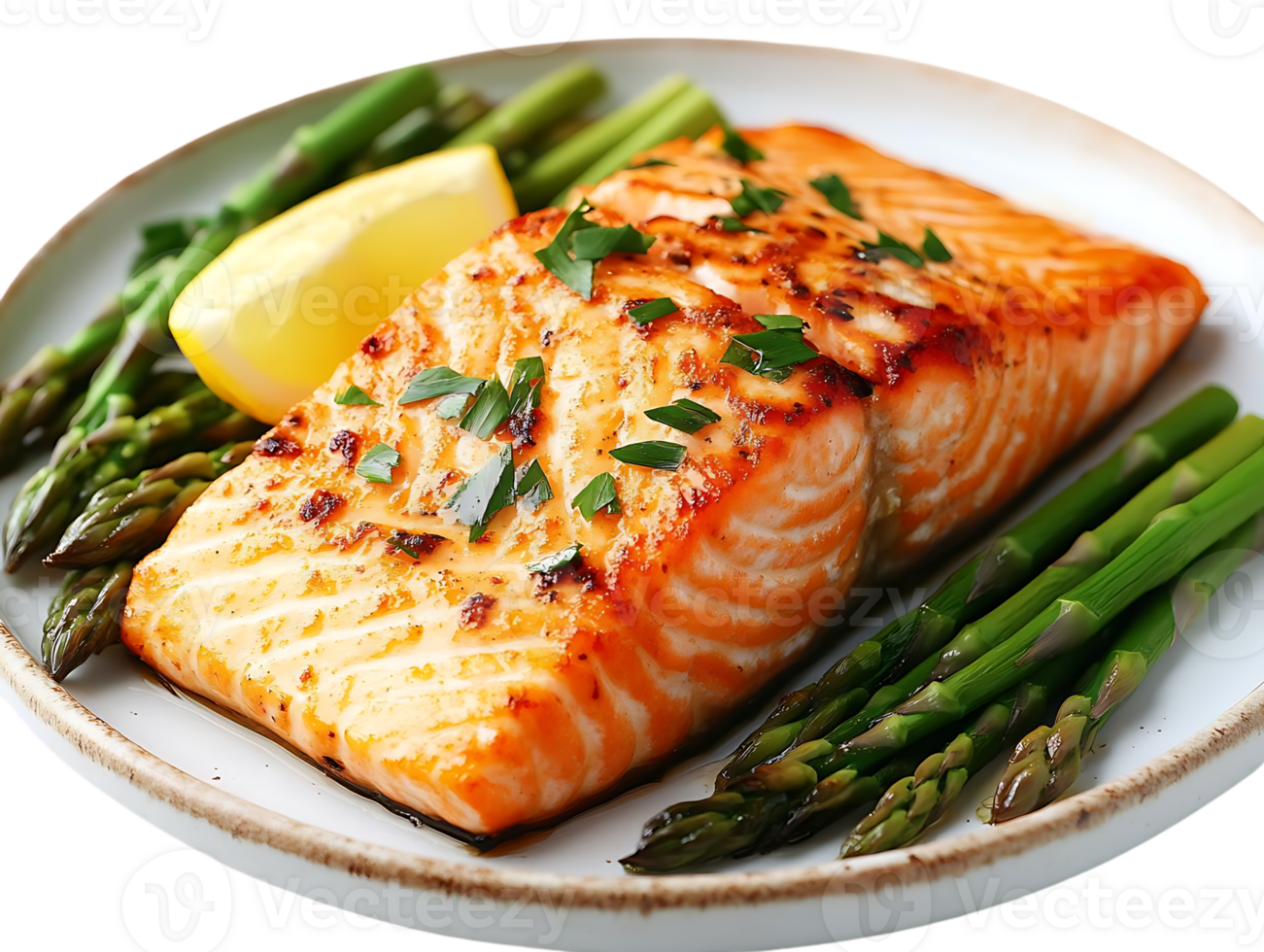 Grilled Salmon with Asparagus and Lemon on a Transparent Background png