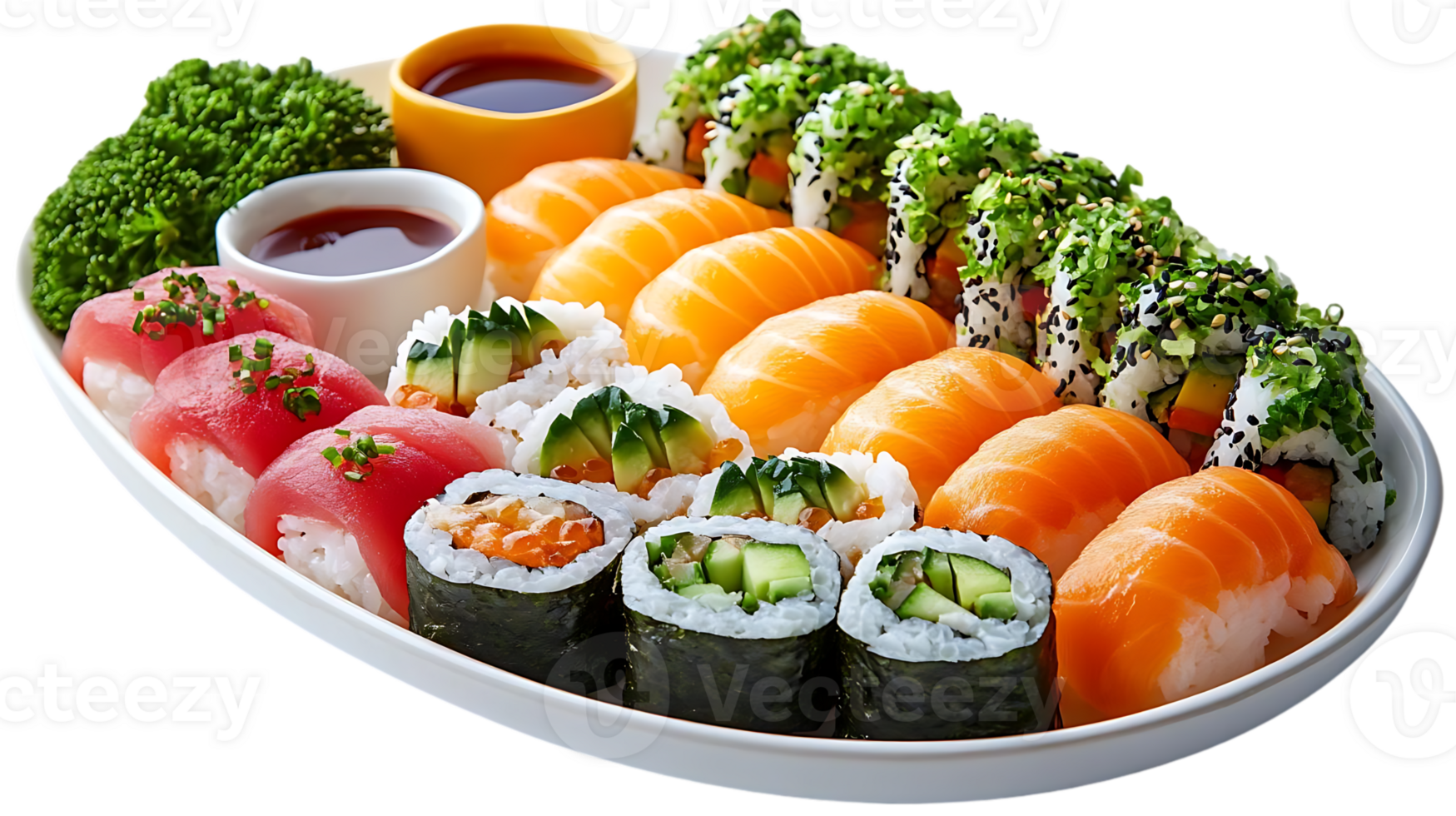 Sushi Platter with Salmon Nigiri, Tuna Maki, and Cucumber Rolls on a Transparent Background png
