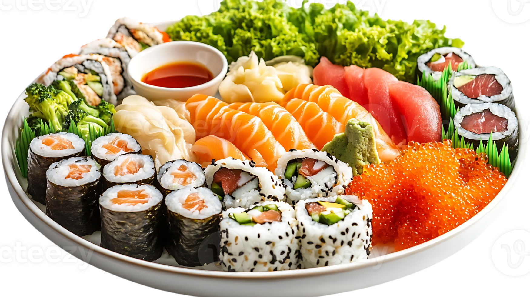 Sushi Platter with Salmon, Tuna, and Avocado Rolls, Freshly Prepared with Transparent Background png