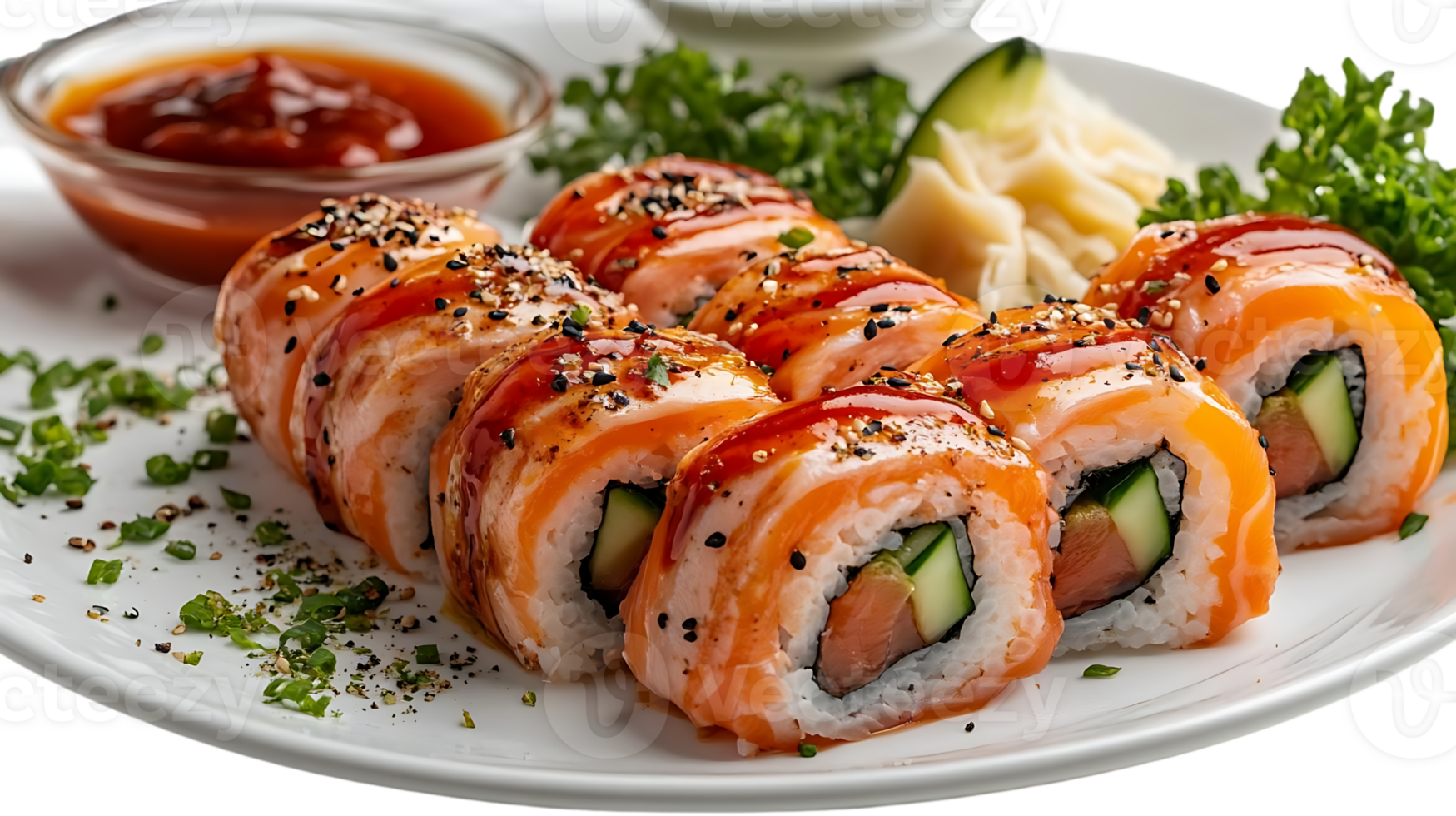 Salmon Sushi Rolls with Cucumber, Sesame Seeds, and Soy Sauce Drizzle, Served on White Plate with Transparent Background png