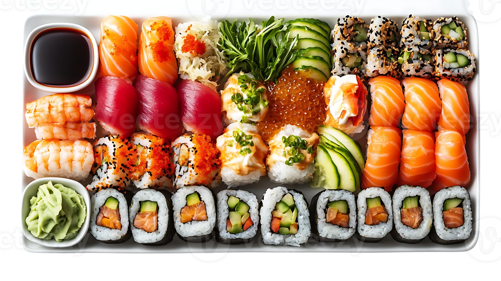 Delectable Sushi Platter with Transparent Background, Featuring Salmon, Tuna, and Cucumber Rolls with a Side of Wasabi png