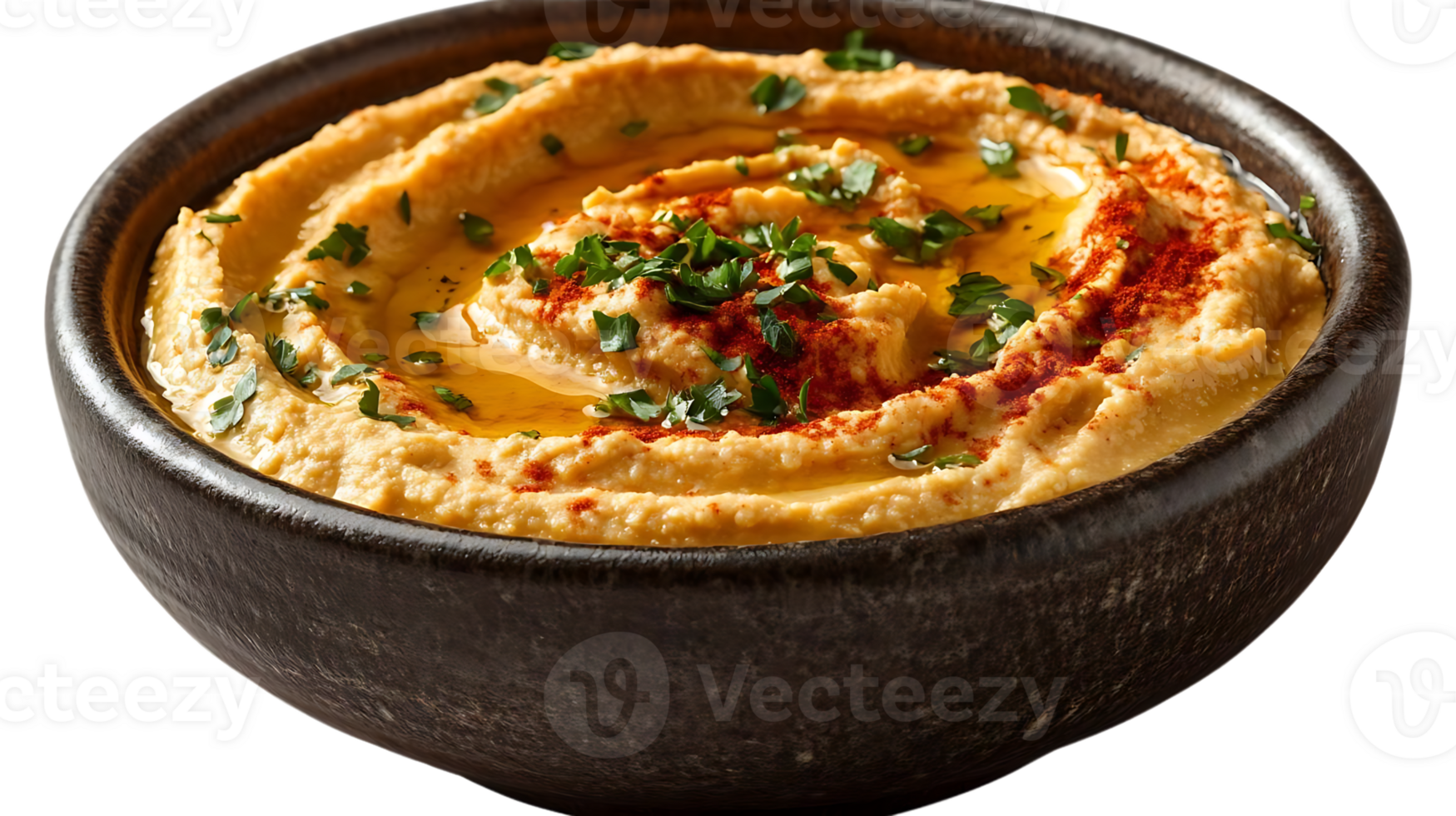 Delicious Hummus with Paprika and Olive Oil in a Brown Bowl on a Transparent Background png