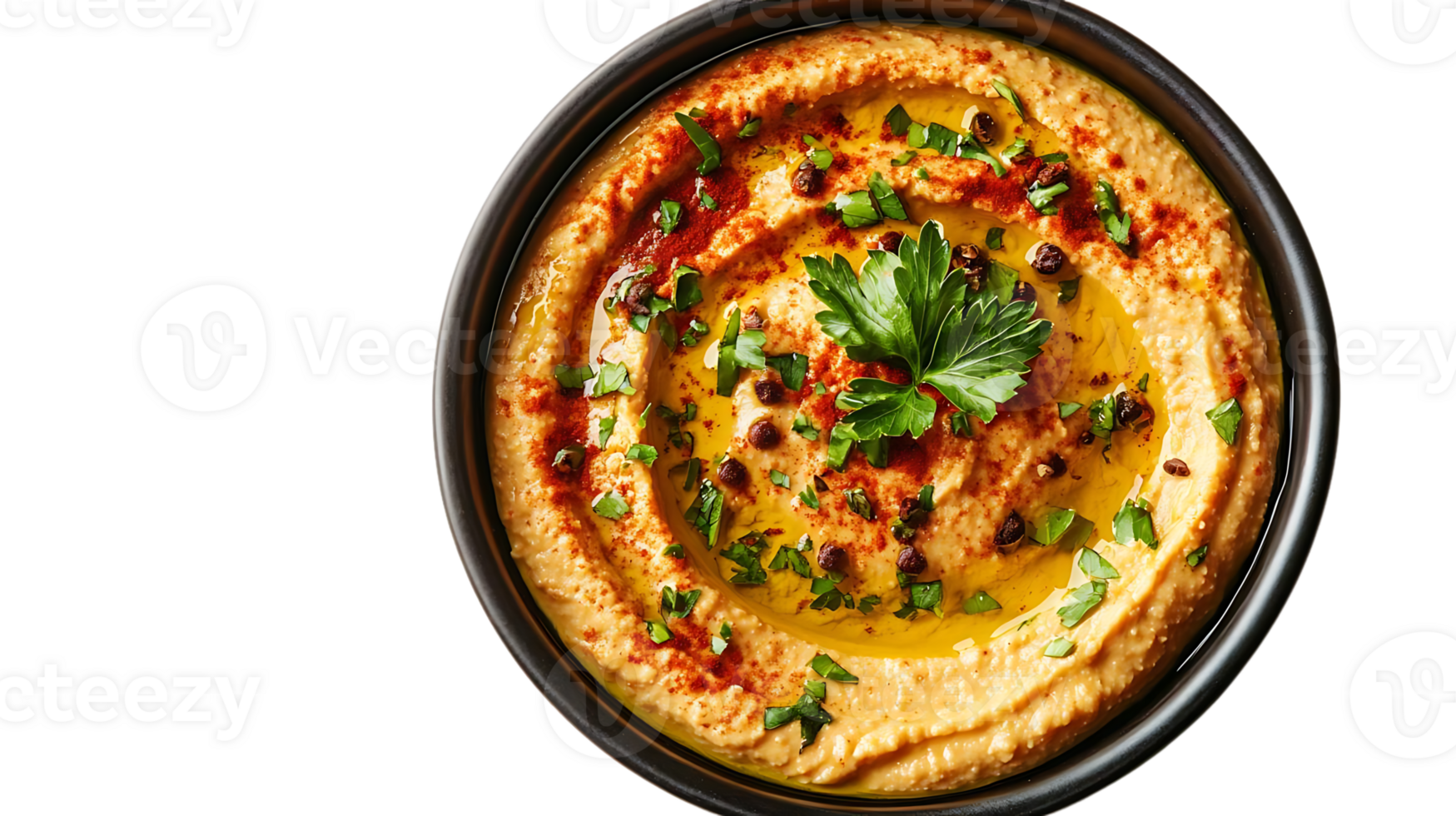 Delicious Hummus with Olive Oil, Paprika, and Parsley in a Black Bowl Against a Transparent Background png