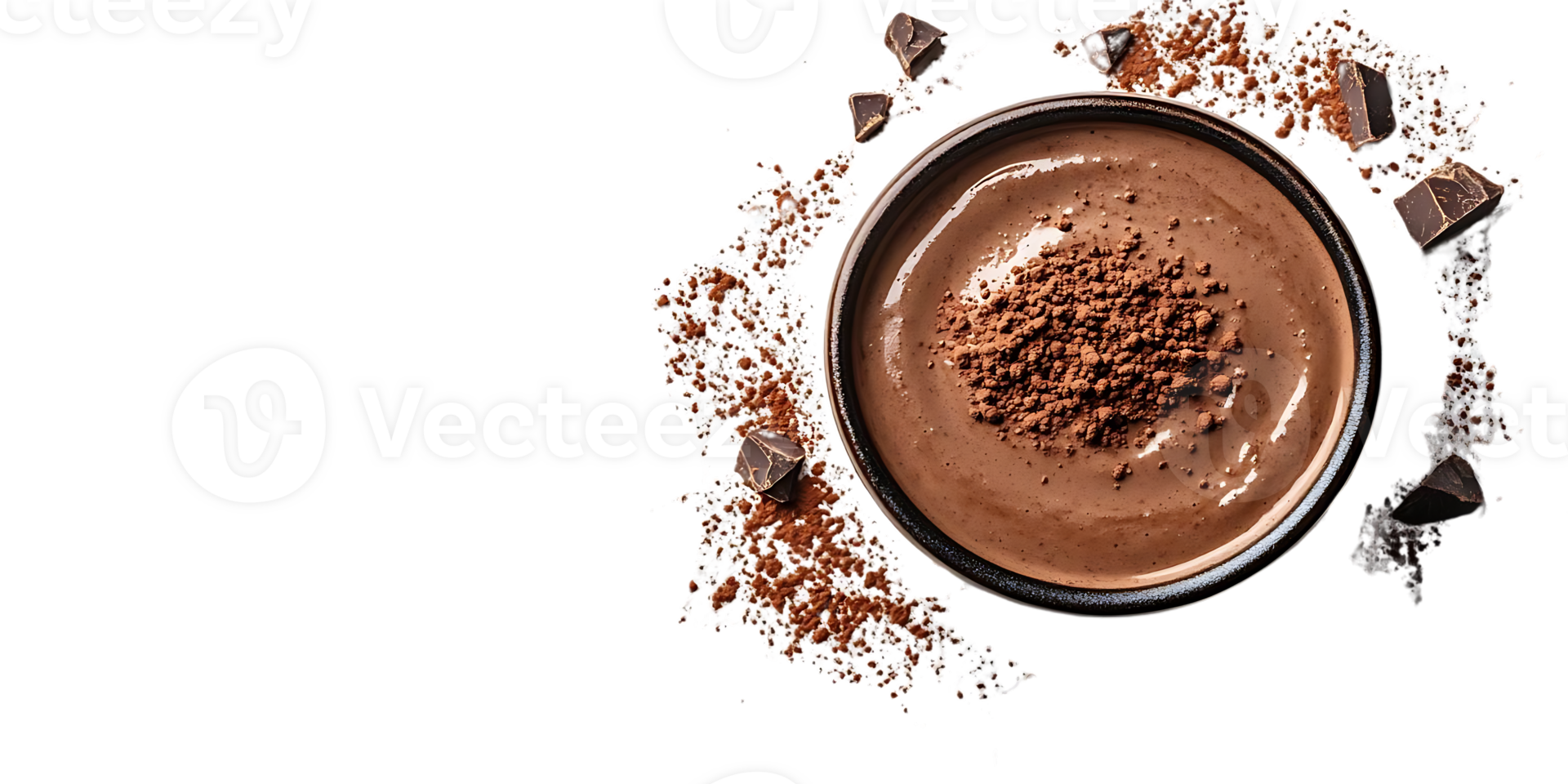 Decadent Chocolate Pudding with Cocoa Powder and Chocolate Pieces on a Transparent Background png