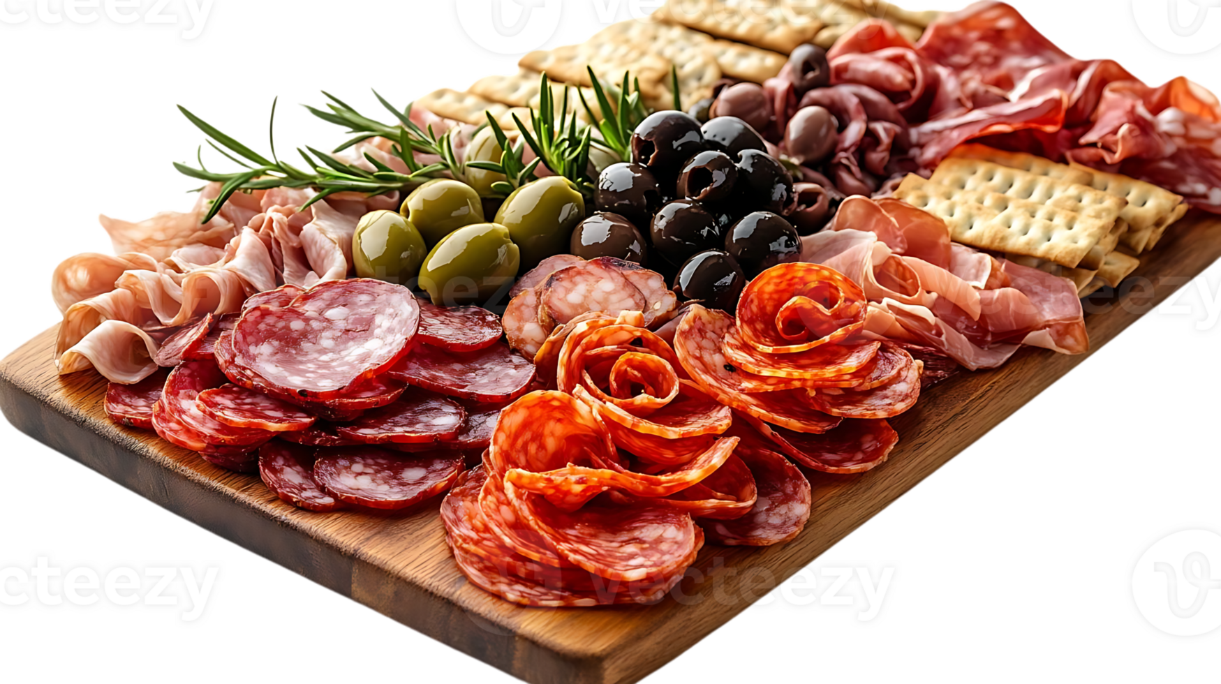 Delicious Salami, Prosciutto, and Olives Arrangement on Wooden Board with Transparent Background png