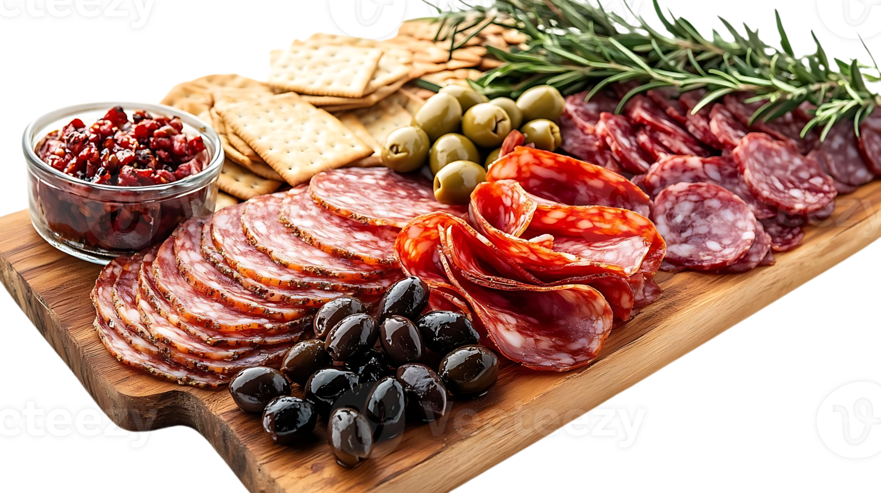 Salami and Olive Platter with Crackers and Rosemary, Transparent Background png