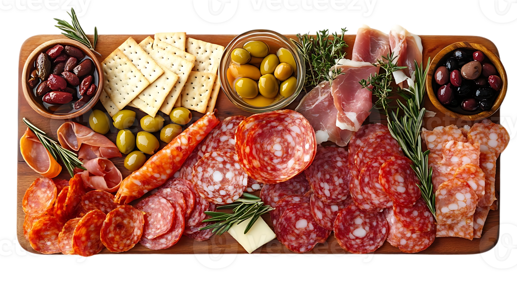 Salami, Prosciutto, and Olives on a Wooden Cutting Board with a Transparent Background png