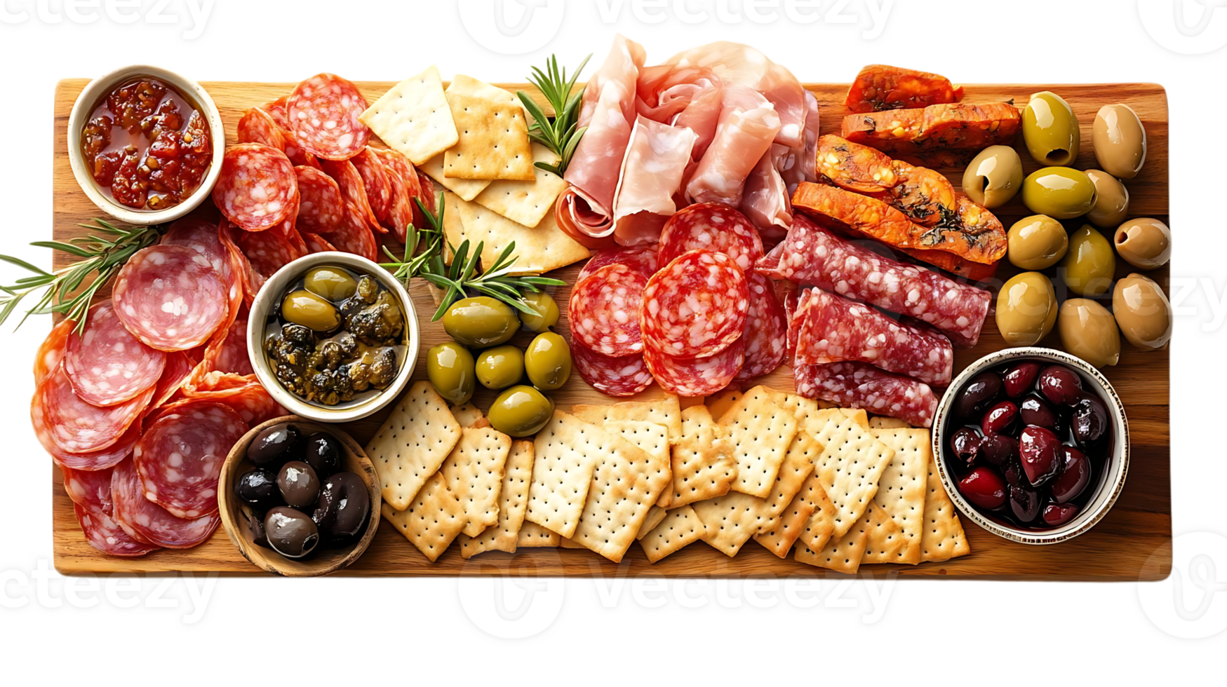 Salami, Prosciutto, and Crackers on a Wooden Board with Green and Black Olives, Transparent Background png