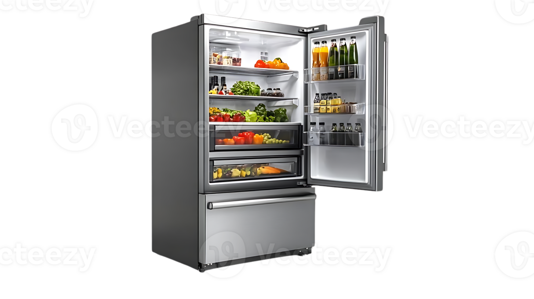 Stainless Steel Refrigerator with Transparent Background, Open Door Revealing Fresh Produce and Beverages png