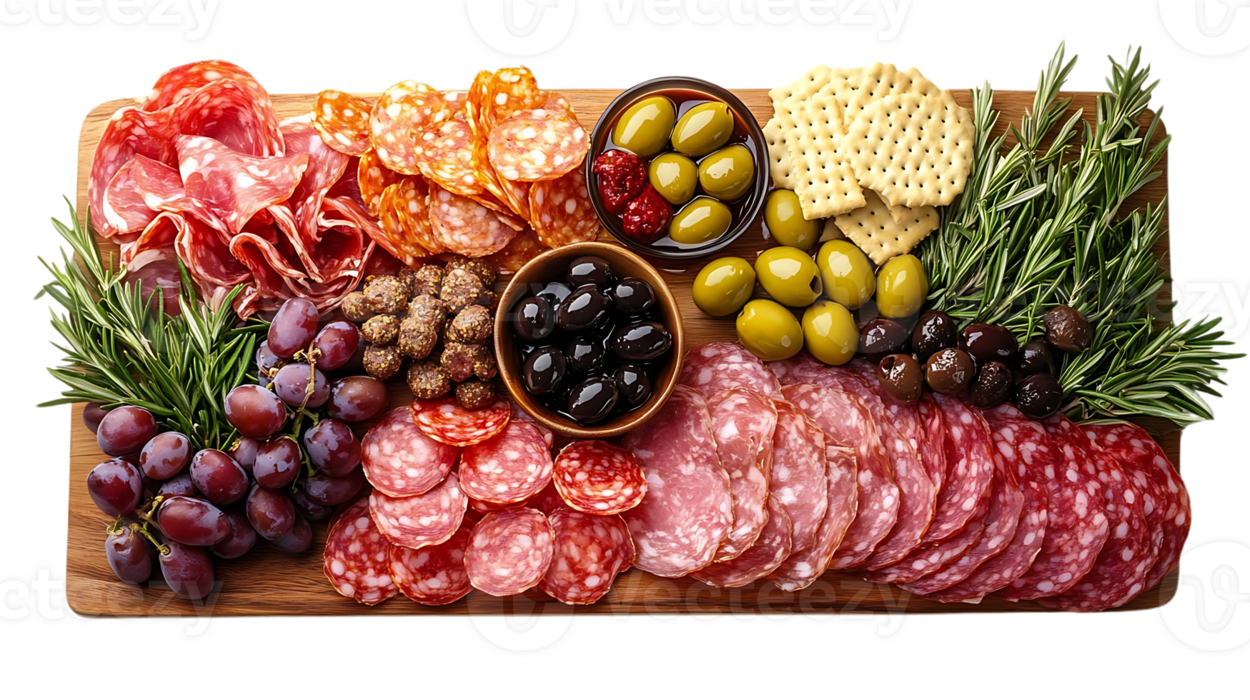 Salami, Olives, Grapes, and Crackers on a Wooden Board with Rosemary - Transparent Background png