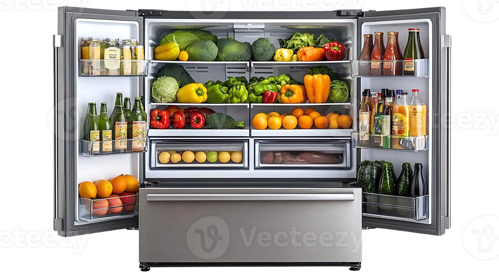 Stainless Steel Refrigerator with Open Doors and Transparent Background, Showing Fresh Produce and Beverages Inside. png