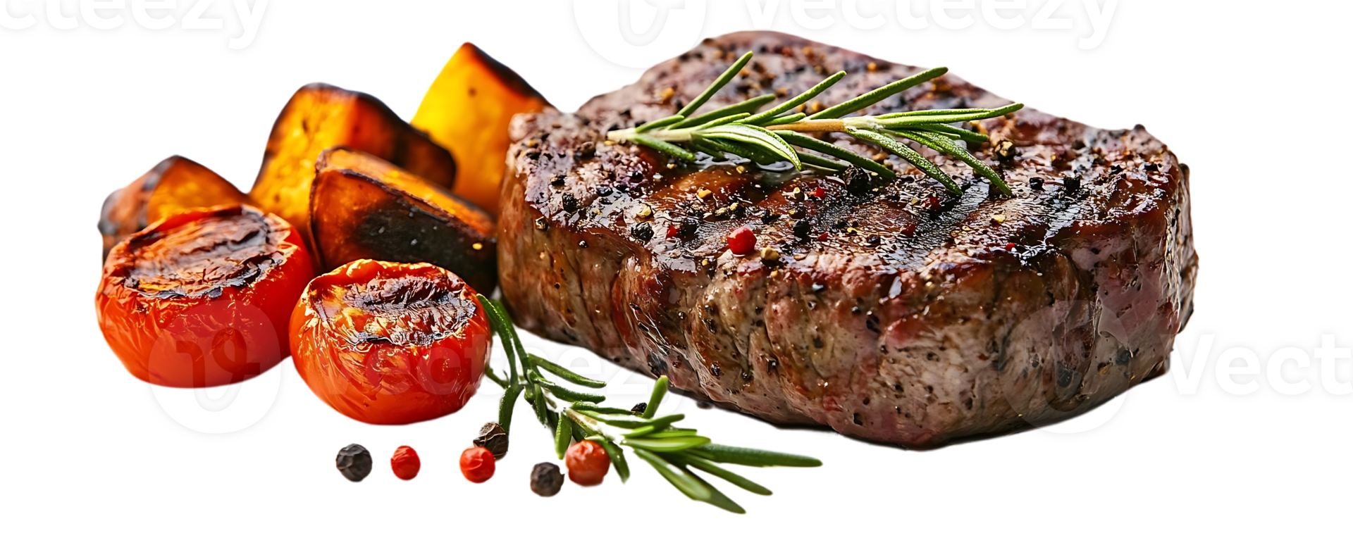 Grilled Steak with Rosemary, Potatoes, and Tomatoes on a Transparent Background png