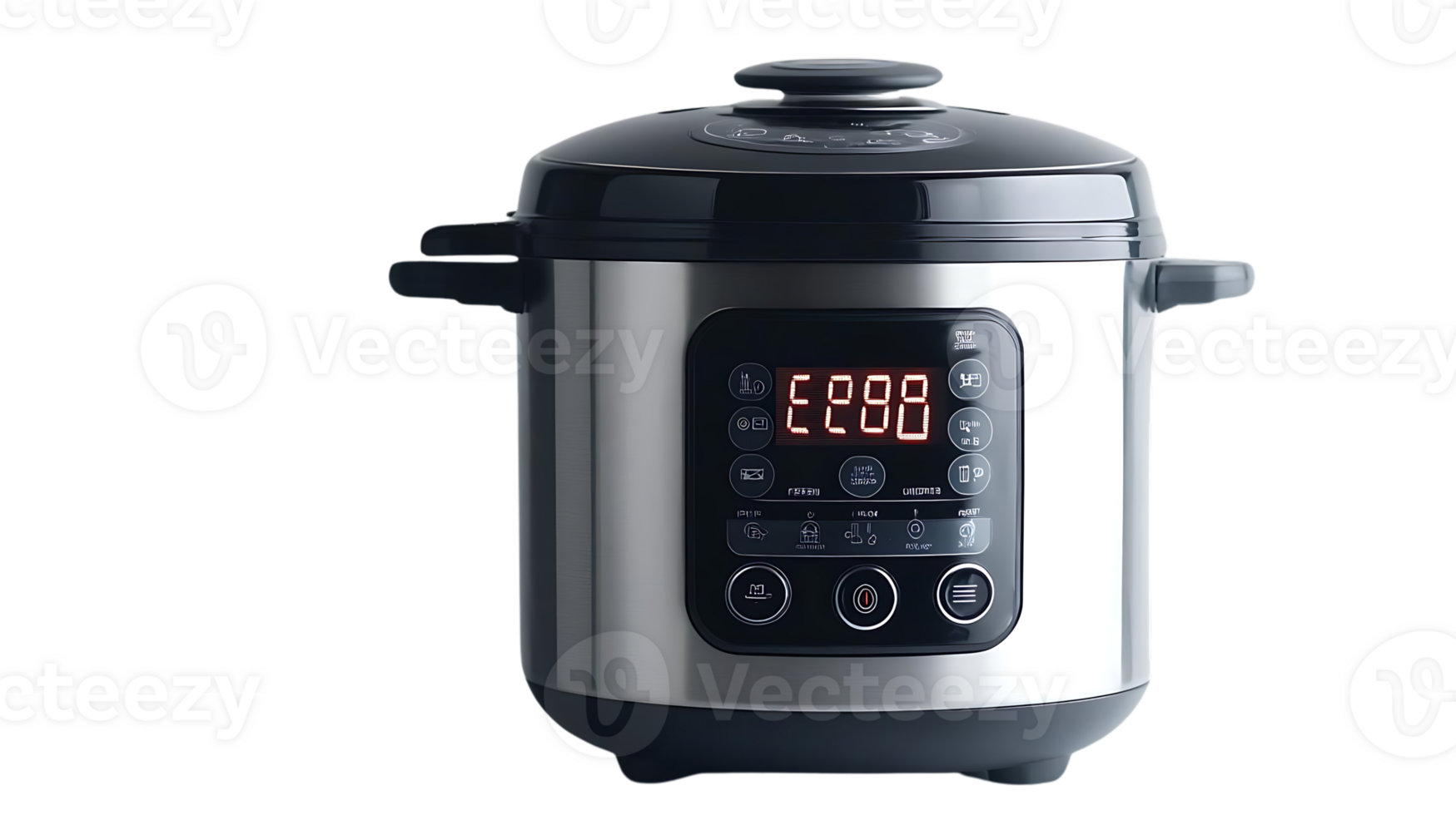 Stainless Steel Electric Pressure Cooker with Transparent Background, Featuring Digital Display and Multiple Cooking Functions png