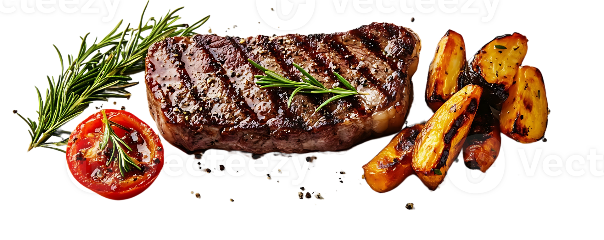 grelhado bife com alecrim, batatas, e tomates - uma culinária obra-prima com uma transparente fundo png