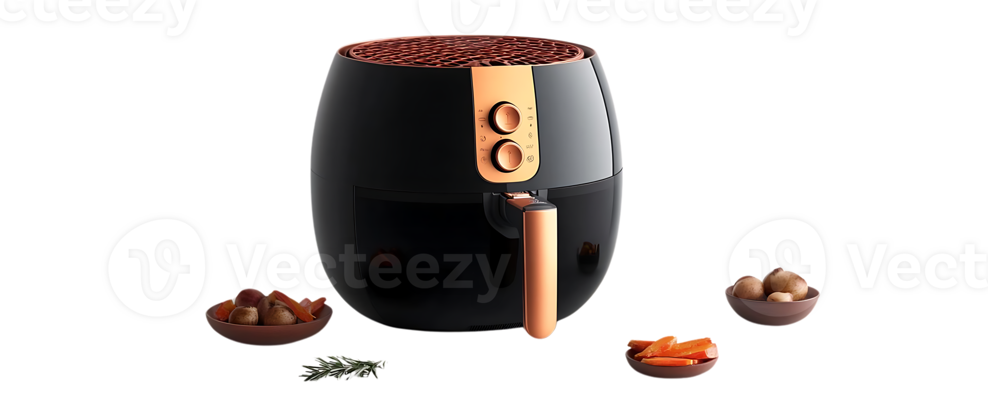 Air Fryer with Transparent Background, Creates Crispy and Delicious Food, Easy to Clean and Use, for Healthy Cooking, Black and Copper Design,  with Rosemary Garnish png